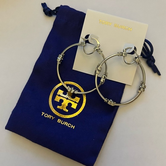 Tory Burch Serif-T Silver Hoop Earrings - Picture 1 of 1